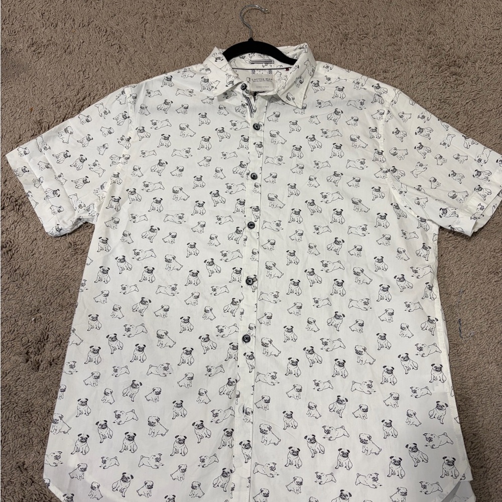 Cactus Man Pug Print Button Down Shirt. Size XL slim fit.